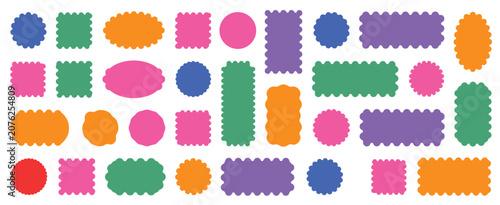 Obraz na plátně Collection of colorful postage stamp shapes with scalloped edges, including circ