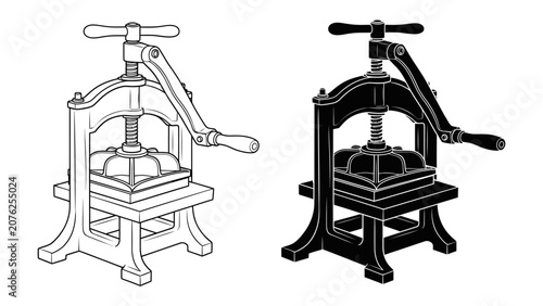 Obraz na plátně Antique Book Press Illustration: Two detailed illustrations, one in outline and one in silhouette, depict an antique book press, a historical tool used in printing and bookbinding