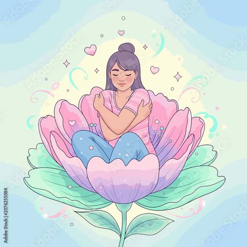 Woman meditating in a blooming lotus flower illustration.