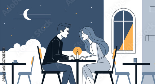 Young couple enjoying a quiet dinner together indoors.