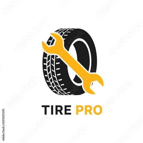 Yellow wrench and black tire logo design for automotive business.