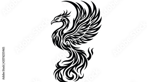 Majestic phoenix rising tribal tattoo art illustration black silhouette on white