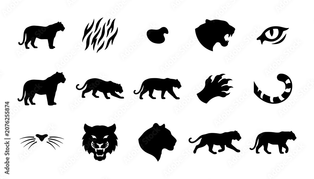 Obraz premium Tiger Silhouette Icons Set, Wild Cat Vector Graphics, Big Cat Animal Illustrations, Safari Wildlife Collection