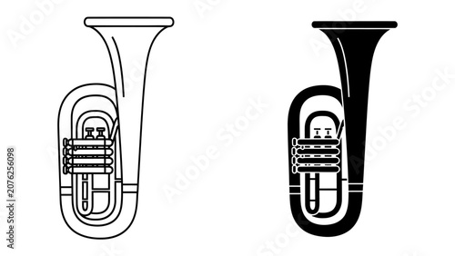 Tableau sur toile Musical Instrument Icons: Two stylized icons of a baritone horn, one outlined in black and white, the other a solid black silhouette, representing the classic brass instrument