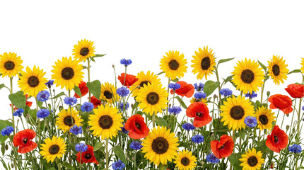 Sunflower Poppy and Cornflower Botanical Border with Maximalist Wildflower Arrangement on Black Background for Summer Event Graphic Design