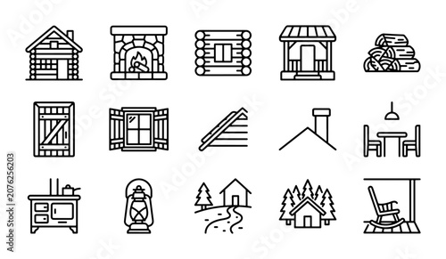 Rustic Cabin Icons Set, Cozy Dwelling Elements, Rural Home Graphics, Woodsy Village Vector Art