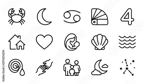 Cancer Zodiac Sign Icons, Astrology Symbols, Celestial Body Icons, Family, Home, Love, Water Icons