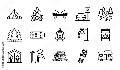 Camping Icons Set, Outdoor Adventure Vector Graphics, Nature Recreation Symbols, Travel Elements