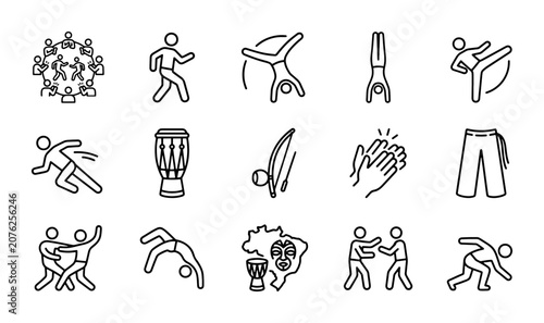 Capoeira Icons Set: Brazilian Martial Art, Dance, Music, Acrobatics, Culture, Vector Graphics