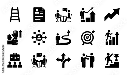 Business Growth Icons: Career Ladder, Teamwork, Strategy, Success, Goal Achievement