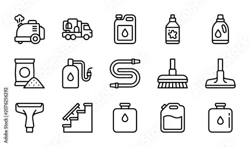 Cleaning Service Icons: Steam Cleaner, Truck, Detergent Bottles, Mop, Vacuum, Hose, Stairs
