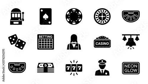 Casino Icons Set: Slot Machine, Poker, Roulette, Dice, Betting, Cash, Neon Sign, Vector Graphics