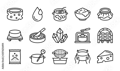 Dairy Production Icons: Cheese Making, Butter, Milk Processing, Vector Set