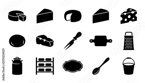 Cheese Icons Set: Dairy Products, Food Elements, Kitchen Utensils, Vector Graphics