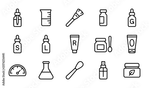 Cosmetic Science Icons: Skincare, Lab Equipment, Droppers, Jars, Bottles, Tubes, Sprays