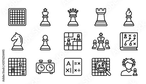 Chess Icons Set: Strategy, Game Pieces, Board, Timer, Tactics Book, Vector Graphics