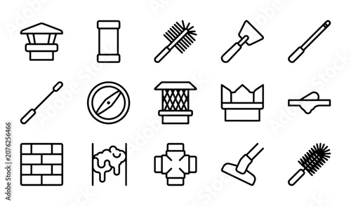 Chimney Sweep Tools & Building Maintenance Icons: Brush, Pipe, Trowel, Brickwork, Vacuum