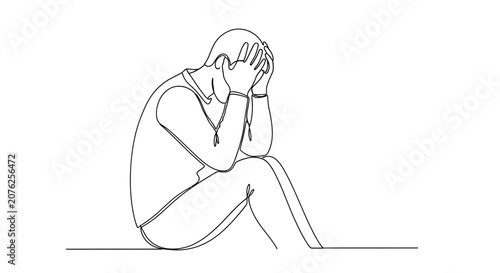 Man sitting, head in hands, despair, mental health, anxiety, depression, one line drawing
