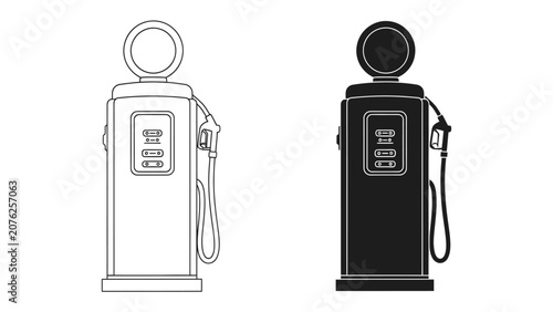 Konstfotografi Vintage Fuel Pump Duo: A classic depiction of two vintage fuel pumps, one in outline and the other in solid black, representing a bygone era of transportation and automotive history