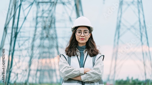 A confident young Asian female engineer wearing a white hard hat, glasses, and a reflective vest standing with arms crossed in front of high voltage power lines and electrical towers.