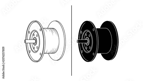 Foto Wire Spool Icons: A set of two identical wire spools, one rendered in black and white line art and the other in a solid black silhouette, representing industrial equipment and tools