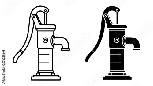 Fotografie Water Pump Icons: Two vintage water pumps, one in outline and one in silhouette, symbolizing a traditional method of accessing water