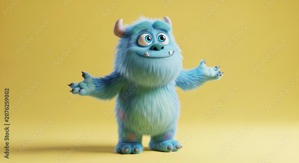 Fototapeta premium Fluffy blue monster with big eyes and horns, with outstretched arms on a plain yellow background, representing a friendly character for animation and children's themes