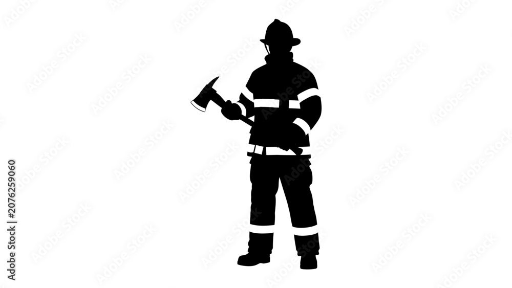 Obraz premium Silhouette of a Firefighter with an Axe: A stark black silhouette of a firefighter in full gear, holding an axe, stands ready for action. This powerful image represents bravery and emergency response.