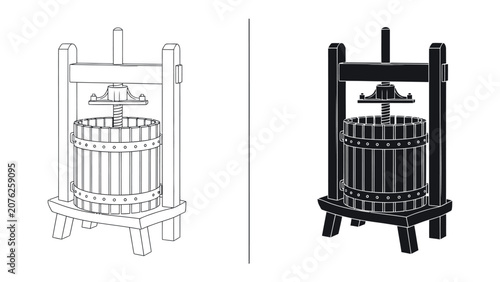 Obraz na płótnie Traditional Grape Press: A vintage wooden grape press, depicted in both line art and solid black silhouette, stands ready for the winemaking process