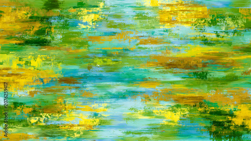 Colorful landscape inspires thoughts of nature through green and gold strokes in an artistic style