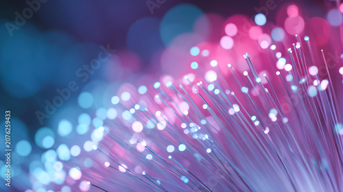 Exploring an abstract optical fiber bundle with glowing tips in a vibrant neon scene