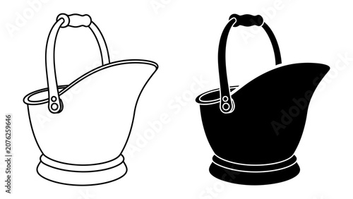 Photos Coal Scuttle Icon Set: A set of two stylized coal scuttles, one in black and white outline and the other in solid black, representing a classic fireplace accessory