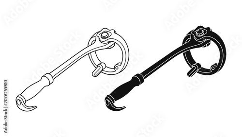 Konstfotografi Antique Stirrup and Bridle Bit Pair: Two vintage stirrups and bridle bits, one rendered in a clean white outline and the other in a bold black silhouette, showcase classic equestrian design