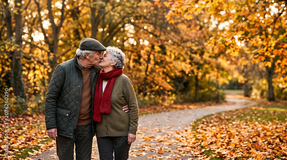 Obraz premium Happy senior couple walking and sharing a tender kiss along a beautiful autumnal park pathway filled with golden fallen leaves