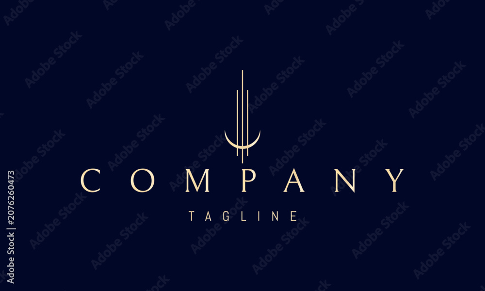 Naklejka premium A vector golden logo featuring an abstract moon and three columns symbolizing timeless strength, harmony, wisdom and architectural elegance.