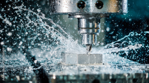 Metal cutting process using milling machine and coolant spray in precision manufacturing workshop