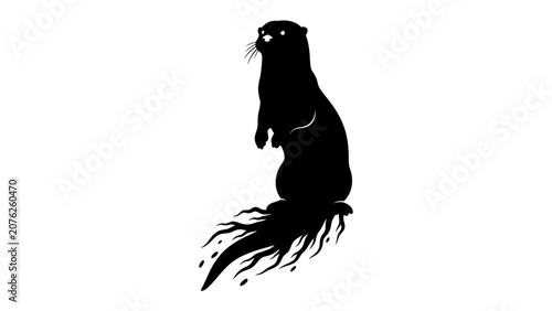 Obraz na plátně Silhouette of an Otter with Flowing Tail: A stylized black silhouette of an otter stands upright, its bushy tail rendered with fluid