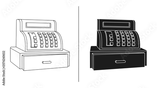 Retro Cash Register Icon: A classic cash register presented in two distinct styles: a clean line drawing and a bold silhouette, symbolizing commerce and retail history.