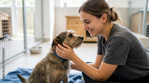 Girl volunteering at animal shelter, smiling while petting dog in cozy environment. Volunteer interacts with rescued dog, providing comfort and companionship.