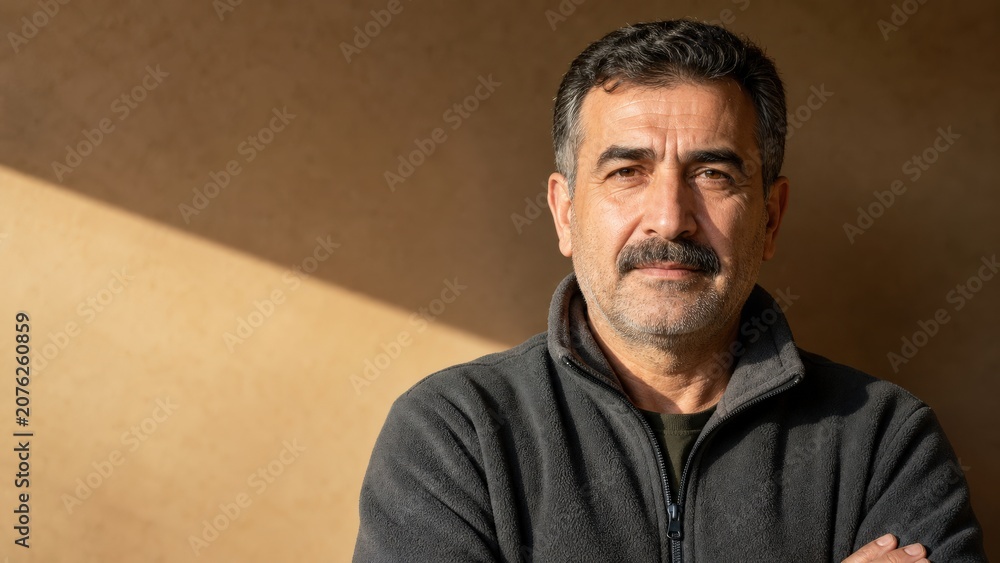 Fototapeta premium Energy poverty midlife Turkish athletic man in plain fleece jacket