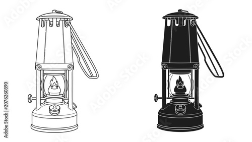 Bild auf Leinwand Vintage Lantern Duo: A classic oil lantern, depicted in both a black and white outline and a solid black silhouette, showcases its vintage design with a visible flame within its glass enclosure