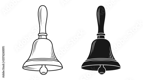 Photos Vintage Hand Bell Duo: A classic hand bell in a sketch style, paired with its silhouette counterpart, symbolizing communication and tradition