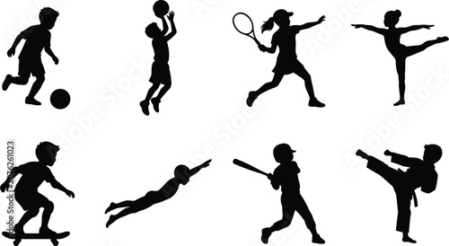 Foto Children Sports Black Silhouette Vector Set with Soccer Basketball Tennis Skateb