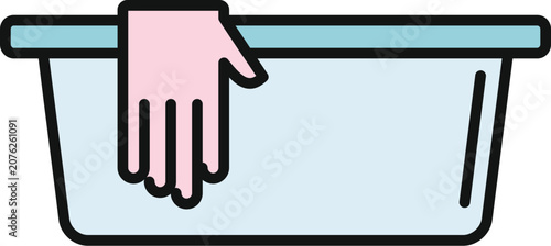 Photos Hand wearing a pink glove washing laundry in a gray plastic basin
