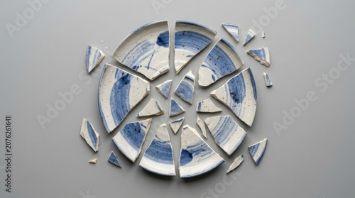 Broken ceramic plate fragments scattered on light gray surface minimalist still life