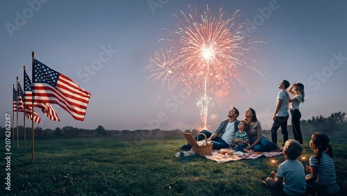 Fourth of July Independence Day Picnic Celebration with Fireworks American Flags and People Gathering on Grassy Field