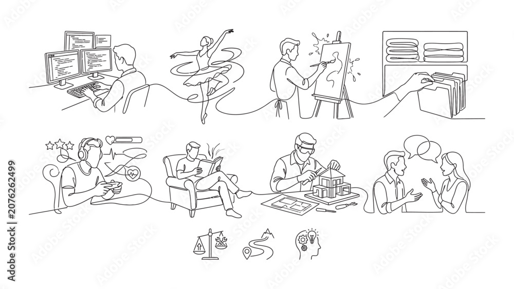 Fototapeta premium Continuous line art drawing set of various professional occupations and hobbies.