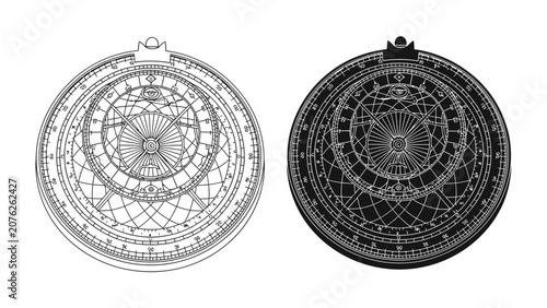 Foto Ancient Astronomical Instrument: A detailed depiction of an astrolabe, an intricate historical scientific tool used for astronomical measurements and calculations