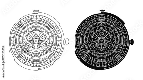 Tableau sur toile Astrolabe Designs: A side-by-side comparison showcases two intricate astrolabe designs, one in stark black and white outline and the other a detailed silhouette