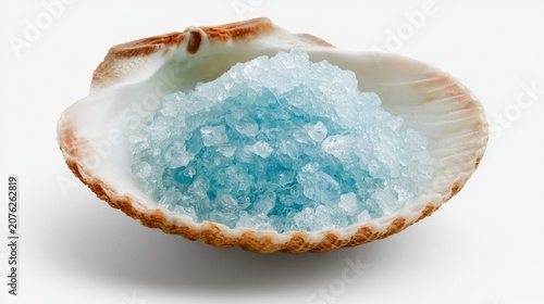 Ocean salt rests in a shell on a white backdrop.